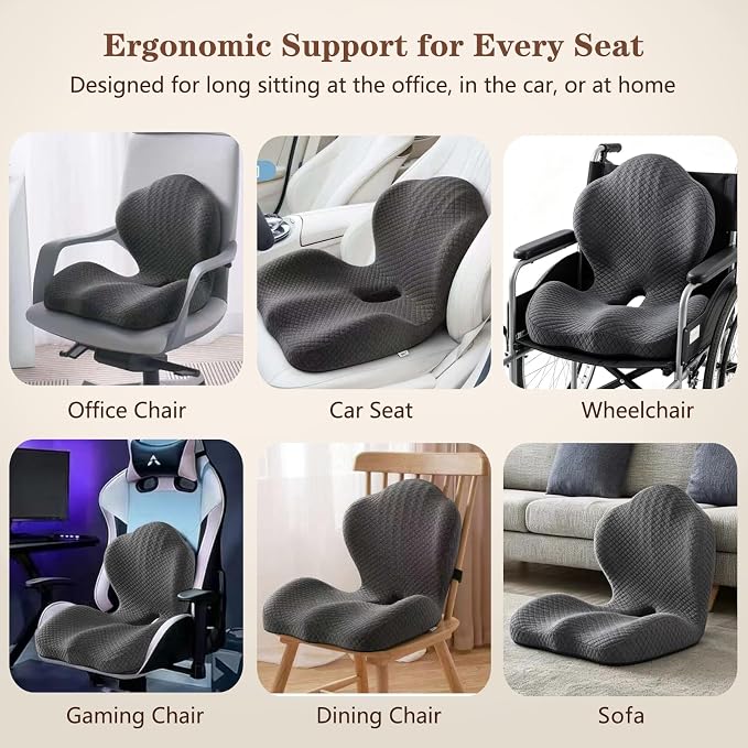 Ergonomic Memory Foam Seat Cushion with Back Support, L-Shaped Office Chair Cushion with Coccyx Cutout, Tailbone Support Cushion for Long Sitting, Car Seat Cushion for Driving, Home & Gaming Chair
