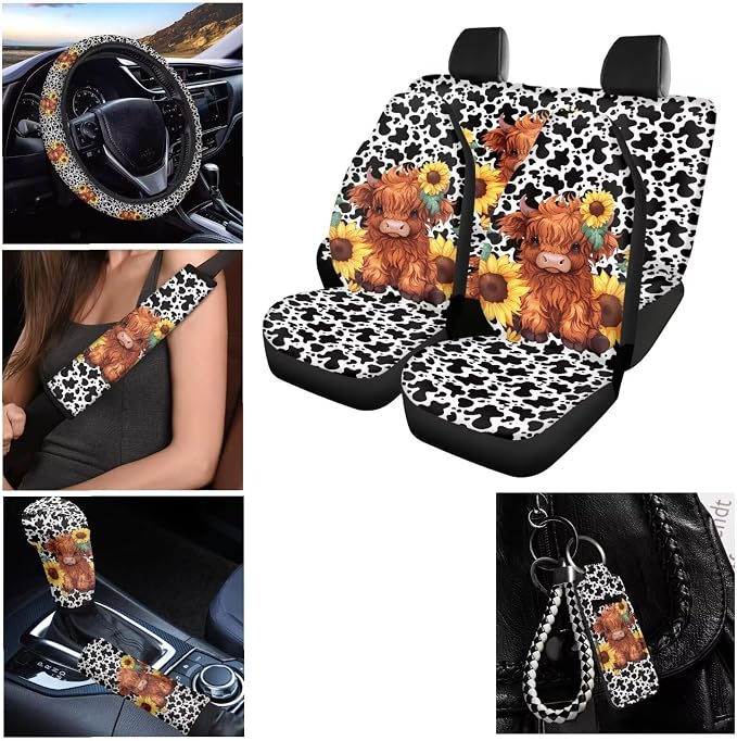 Cartoon Car Seat Covers Full Set Highland Cow Car Accessories Set Steering Wheel Cover Seat Belt Strap Wrap Cover Key Chains 2 Pcs Coasters Gear Shift Cover