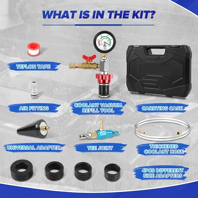 MR CARTOOL Coolant Vacuum Refill Kit Cooling System Vacuum Purge Tool with 4 Size Sealing Gaskets,1 Tapered Adapter, 2 Air Fitting, Brass Connector, Coolant Filling Hose for Most Vehicles