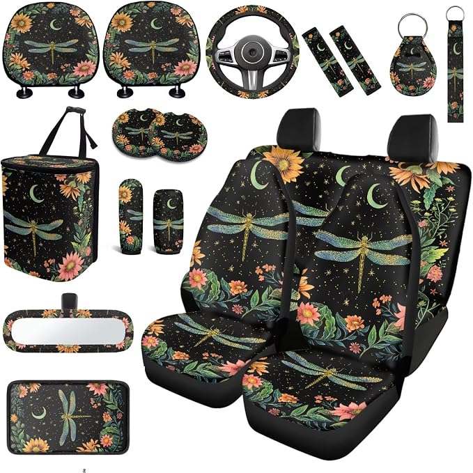 Dragonfly Moon Car Seat Covers Full Set of 18 Pcs Car Interior Accessories Set for Women Dragonfly Flower Car Headrest Covers Auto Seat Belt Pads Steering Wheel Cover Universal Fit
