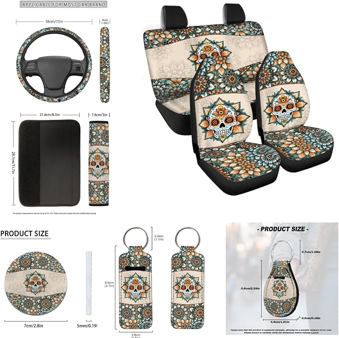 INSTANTARTS Dahlia Skull Car Seat Cover Set - 13 Pieces, Including Belt, Key Fob, Lipstick, Steering Wheel, and Coaster Covers