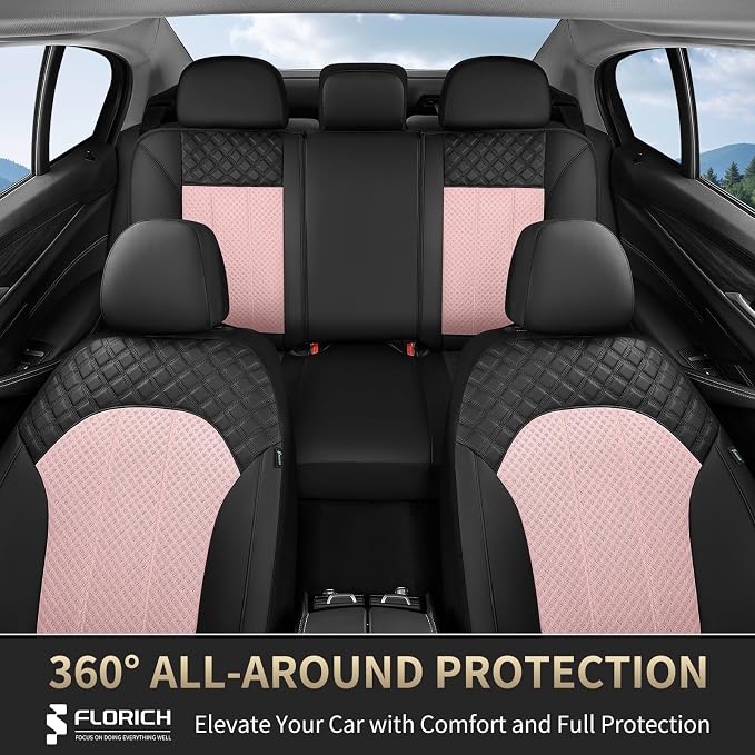 FLORICH Seat Covers Front Seats Pink Seat Cover 2 Pack Leather Mesh Automotive Car Seat Cover Breathable Durable Car Interior Cover Cushion Universal Fit for Most Car SUV Sedan Truck, Black&Pink
