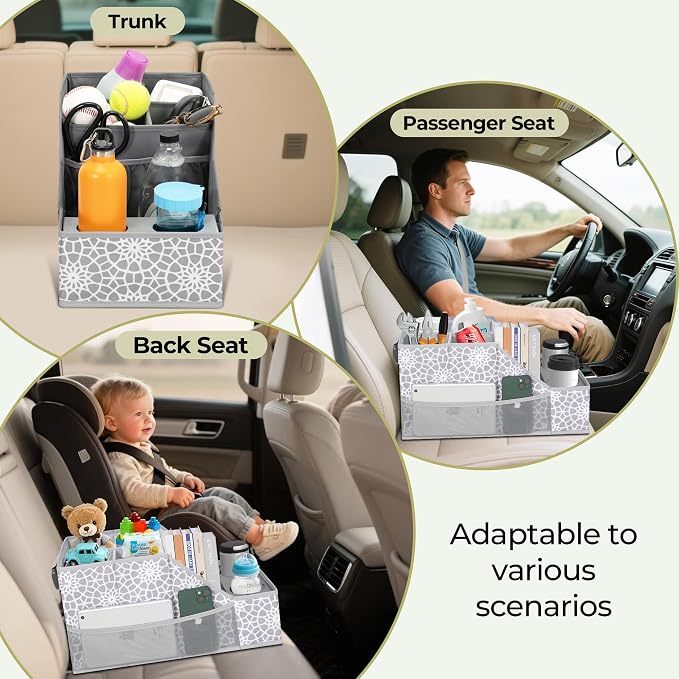 16 Pack Car Seat Organizer with Metal-Reinforced Cup Holders, 12 Storage Compartments Backseat Car Organizer, Travel Essentials for Kids Toys & Snacks, Non-Slip Seat Storage for SUV, Truck, Print