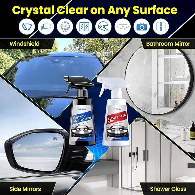 Water Repellent & Anti Fog Spray for Car Windscreen, Windows, Mirrors, Goggles, Helmets - Waterproof Defogger Spray for Automotive Glasses - Pack of 2
