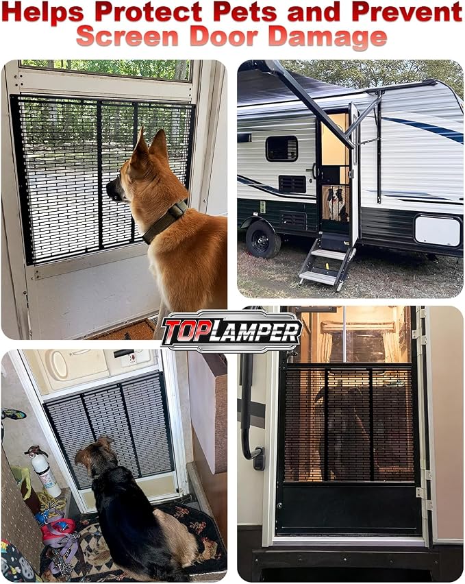 RV Screen Door Protector Heavy Duty Camper Screen Door Guard w/Screw Mount Powder-Coated Pet-Resistant Mesh Prevents Dogs Scratching, Screen Protector for RV Entry Doors (Patent Design)