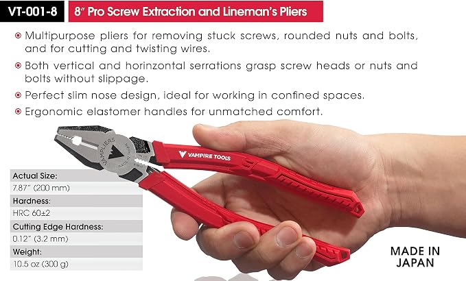 VAMPLIERS 2-PC Screw Extraction Pliers Set. Includes: 8" PRO Linesman + 7" BOSS Stripped Screw Removal Pliers. Unique Non-slip Jaws. Made in Japan.