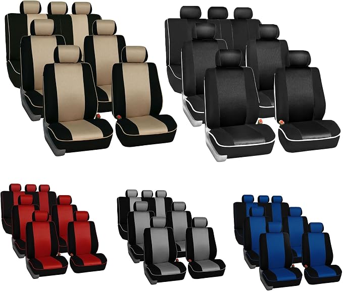 FH Group Car Seat Covers Three Row 7 Seater Cloth Car Seat Covers with Piping (Airbag and Split Ready) - Universal Fit for Cars Trucks & SUVs Red/Black