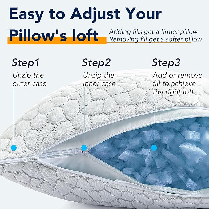 QUTOOL Cooling Pillow for Sleeping 2 Pack,Luxury Shredded Memory Foam Bed Standard Pillows Set of 2,Cool Pillow for Hot Sleepers Adjustable Firm Pillow for Side,Back,Stomach Sleepers Soft Yet Support