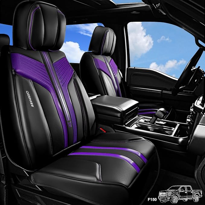 CAR PASS Nappa Leather Seat Covers, Breathable Waterproof Car Seat Covers Full Set, Luxury Leather Front and Back Seats Full Coverage, Universal Fit SUV Pick-up Truck Sedan Automotive(Black Purple)