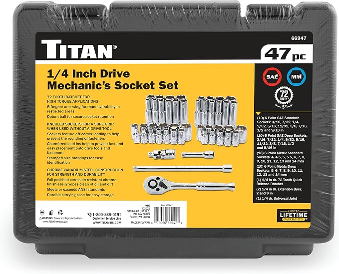 Titan 66947 47-Piece 1/4-Inch Drive Mechanics SAE/Metric Socket and Ratchet Set