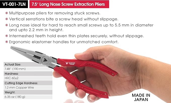 VAMPLIERS 2-PC Screw Extraction Pliers Set. Includes: 7.5" Long Nose + 7" BOSS Stripped Screw Removal Pliers. Unique Non-slip Jaws. Made in Japan.