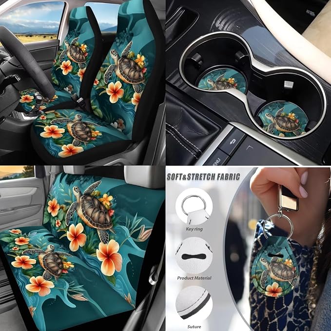 Sea Turtle Car Seat Covers Full Set of 17 Pcs,Plumeria Car Accessories with Animal Turtle Car Floor Mats Auto Seat Belt Cover Steering Wheel Cover Automotive Interior Seat Mat Cover for Women