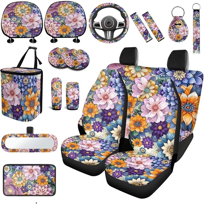 18 Pcs Car Seat Covers Full Sets Mandala Lotus Car Interior Accessories Sets with Hippie Print Steering Wheel Cover Car Headrest Covers Car Trash Can Car Seat Belt Pads Cover for Women