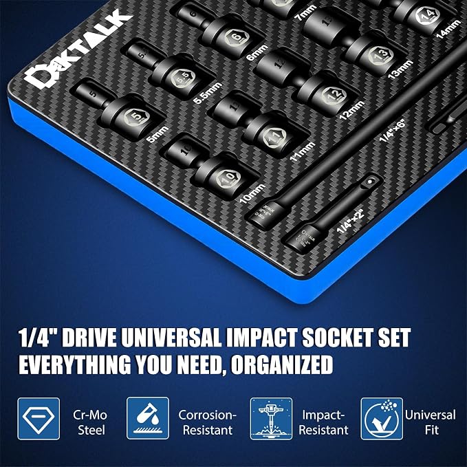 Professional 1/4" Drive Impact Swivel Socket Set,16-Piece Universal Metric Wobble Sockets (5-15MM) with 2", 6" Extension Bars & Socket Adapters, 6 Point, CR-MO, EVA Foam Organizer