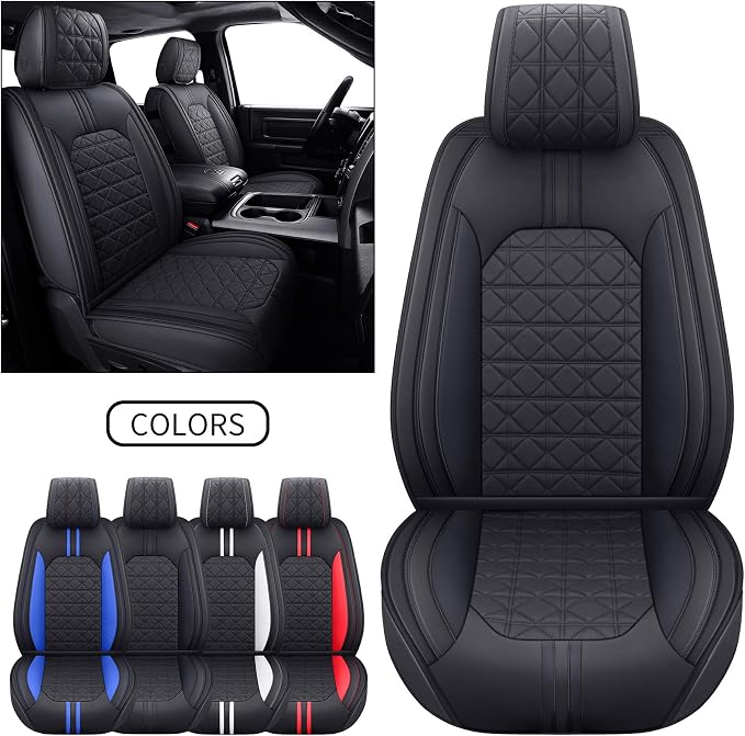 YIERTAI Dodge RAM Seat Covers Fit for 2009-2023 2024 2025 2026 1500/2500/3500HD Pickup Front Seats Only Crew Double Cab Quad Cab Waterproof Leather Seat Covers(2 PCS Front only/Black)