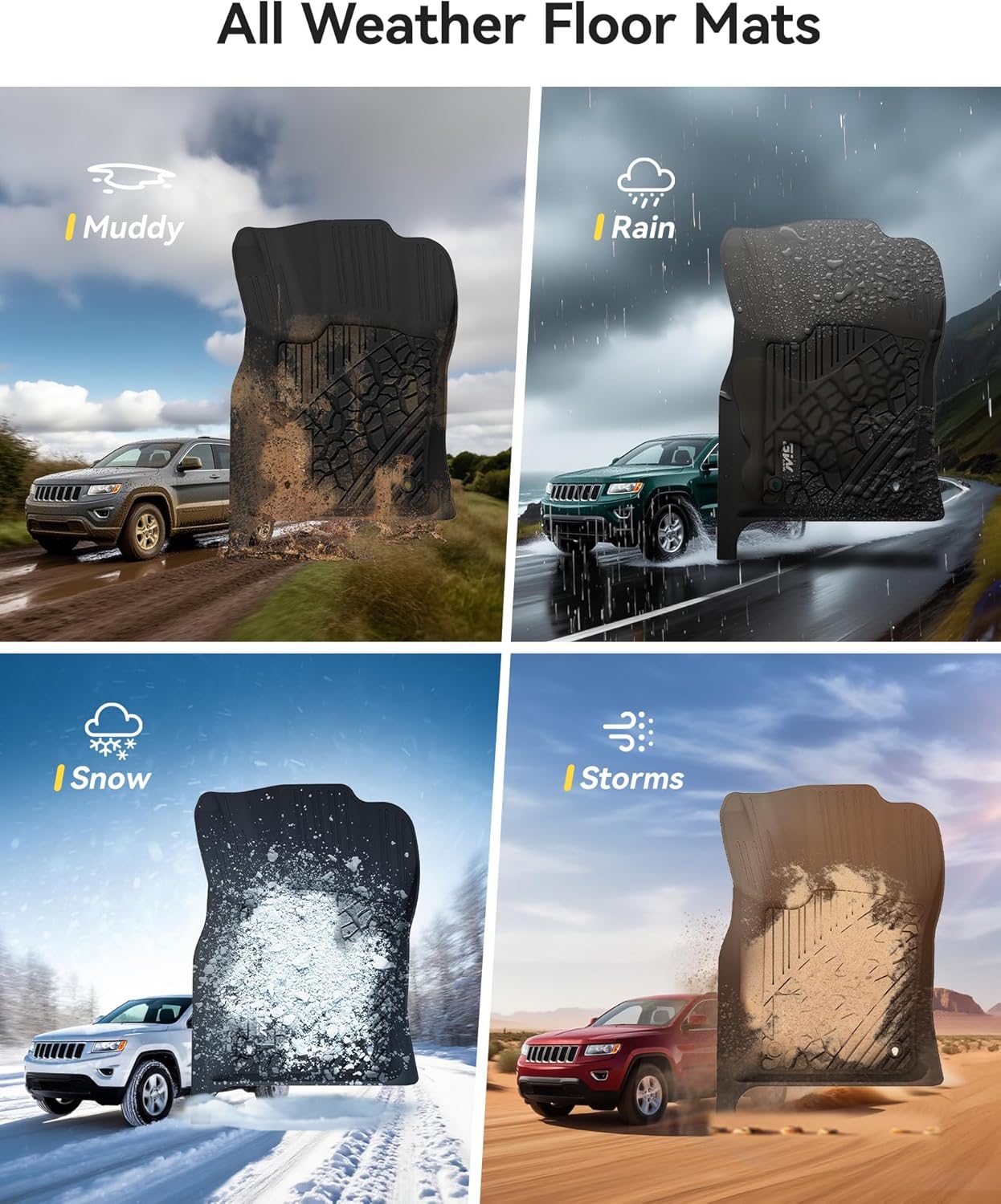 3W Floor Mats Compatible for Jeep Grand Cherokee 2013-2015 (Non L) TPE All Weather Custom Fit Floor Liner 1st and 2nd Row Full Set Car Mats, Black