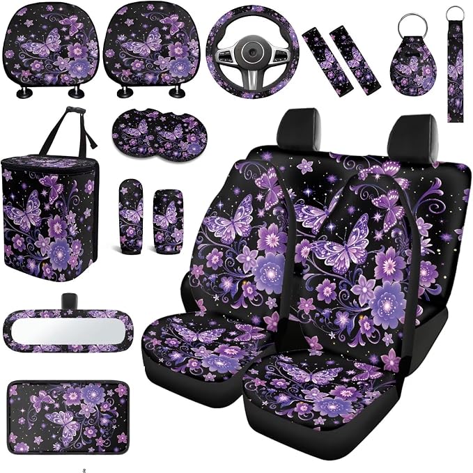 Purple Butterfly Car Seat Covers Full Sets of 18 Pcs Butterfly Flower Car Accessories Set Soft Car Seat Belt Pads Cover Car Headrest Covers Steering Wheel Wrap Coasters,Universal Fit