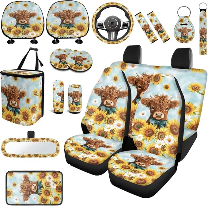Highland Cow Sunflower Print Car Seat Covers Full Sets 18 Pieces Highland Cow and Sunflower Car Interior Accessories Sets Soft Car Seat Belt Pads Cover Car Trash Can Car Headrest Covers