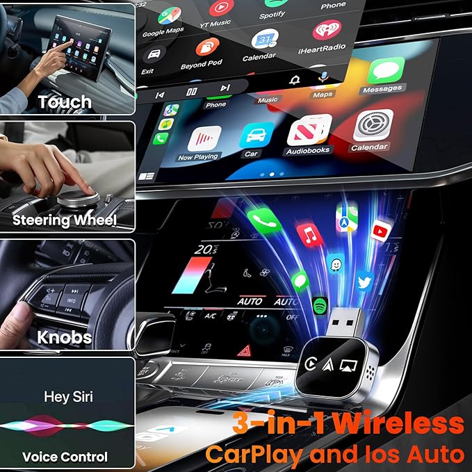 Wireless Carplay Adapter 3 in 1 2026 Updated Screen Mirroring Device for iPhone USB Cars with Bluetooth to Android Auto Video Input TV Watch Movies Airplay Smart Box on Interior Electronics Auxiliar