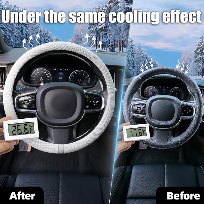 Universal 15 Inch Steering Wheel Cover for Cooling, Non-Slip Breathable Cooling Car Steering Wheel Cover with Upgraded Silicone Inner Ring for Round/D Shape, Warm in Winter Cool in Summer, White Gray