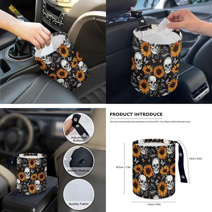 Sunflower Skeleton 15 PCS Car Seat Cover Full Set with Steering Wheel Cover Seat Belt Strap Pads Cup Coasters Trash Bag Rearview Mirror Cover Keychain Auto Interior Decor