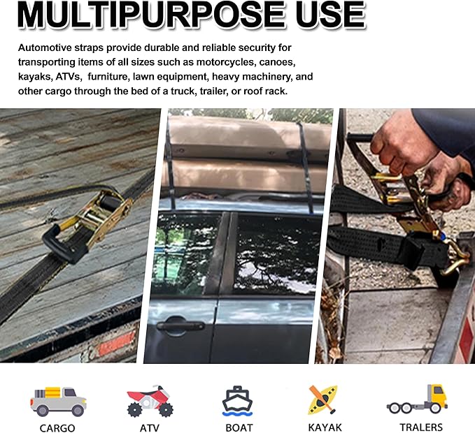 Car Trailer Tie Down Straps 4 Pack Kit, 2" x 8" Ratchet Straps Tie Down with Double J Hook with Clip, 2" x 36'' Heavy Duty Axle Strap for Car, Truck, UTV Transport,10,000lbs Break Strength