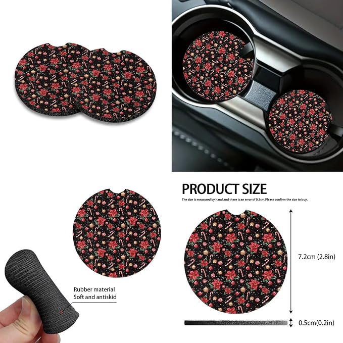 Poinsettia Flower Candy Cane Print Car Seat Covers Set of 10 Elastic Front Rear Seat Covers, Vehicle Trash Bin, Steering Wheel Cover, Air Vent Pouch, Coasters, Keychain Christmas Decor