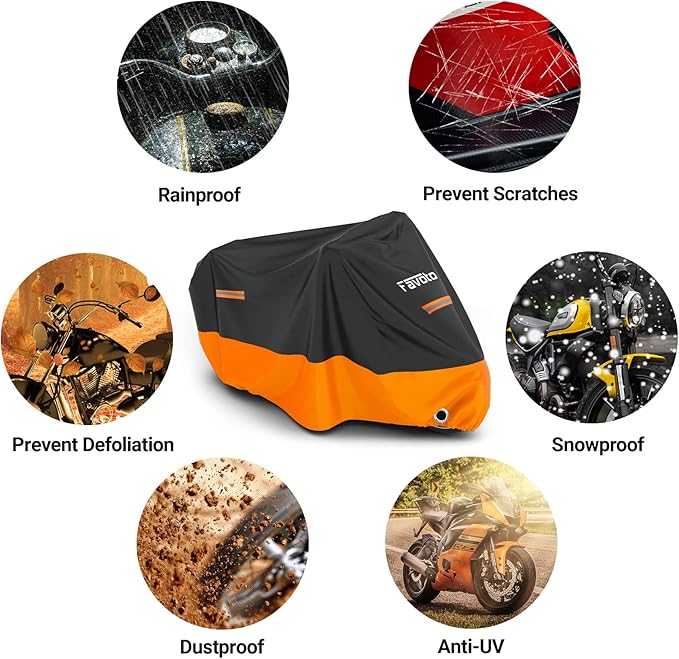 Favoto Motorcycle Cover Universal Heavy Duty Oxford Fabric with Lock-Hole 3 Night Reflectors Windproof Buckles Carrying Bag Waterproof Rain Dust Sun Outdoor Protection, Black-Orange, 104 inch