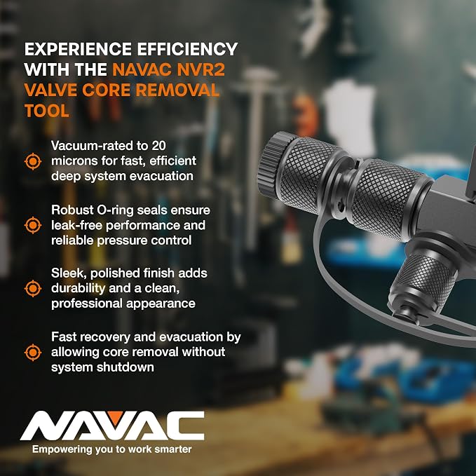 NAVAC NVR2 Valve Core Removal Tool - HVAC Tool for Fast Recovery and Evacuation - Includes 2 Sizes (1/4″ and 5/16″) Flare Fittings in 1 Tool - R-410A Vacuum Rated to 20 Microns - Durable Metal Handle