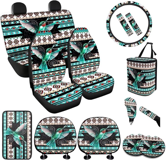 BIGCARJOB Art Hummingbird Seat Cover for Cars Front and Rear Car Seat Accessories Full Set 15 Pack Native Hummingbird Handbrake Cover,Headrest Pillow Cover,Seat Belt Pads,Universal Fit