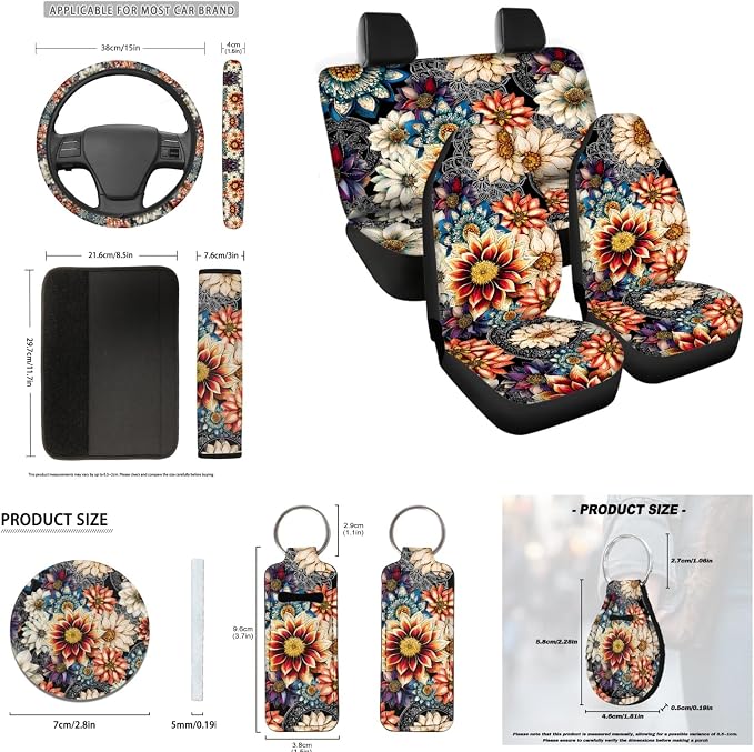 INSTANTARTS Dahlia Mexican National Flower Car Front Rear Seat Covers 13 Piece Vehicle Protector Keychain + Chapstick Sleeve + Steering Wheel Cover + Seat Belt Pads + Coasters