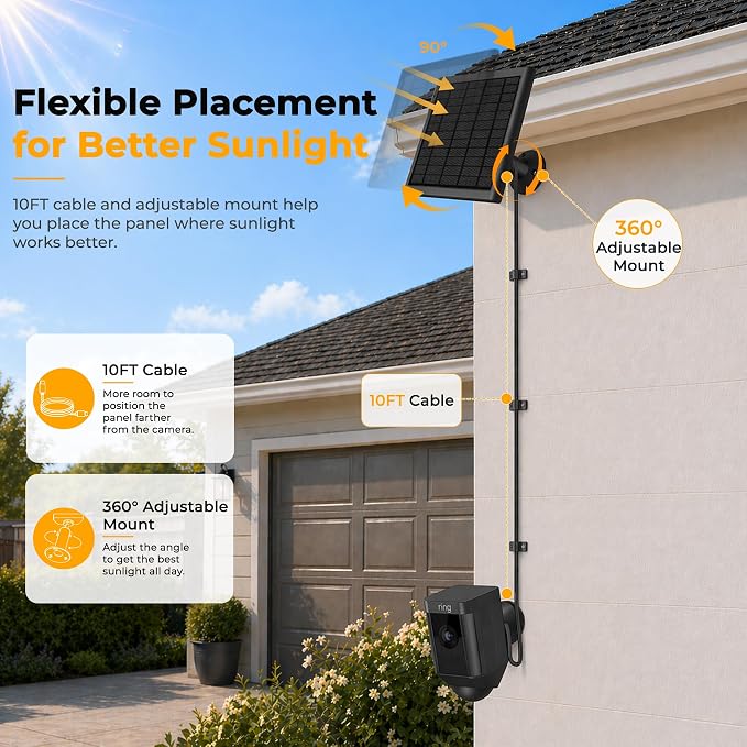 8W Solar Panel for Ring Camera, Solar Panel Charger Compatible with Ring Stick Up Cam Battery, Spotlight Cam Battery, Includes Barrel Plug to USB-C Adapter, IP65 Waterproof, 10ft Cable(4-Pack, Black)