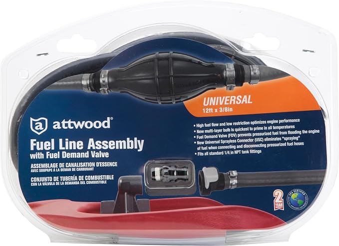Attwood Universal Marine Fuel Line Kit, EPA Compliant, 12 Ft, 3/8-In D. Hose with Tank Fitting, Sprayless Connector (Tank-side Fitting) Primer Bulb, Fuel Demand Valve, 93812UUSD7