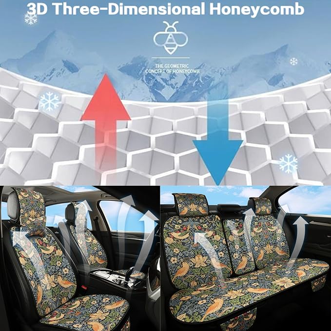 Luxury Boho Car Seat Covers Set,2-Front Seat Full Set,William Morris Vintage Bohemian Floral Pattern Honeycomb Knit Fabric,Breathable&All-Season Universal Automotive Seat Protectors