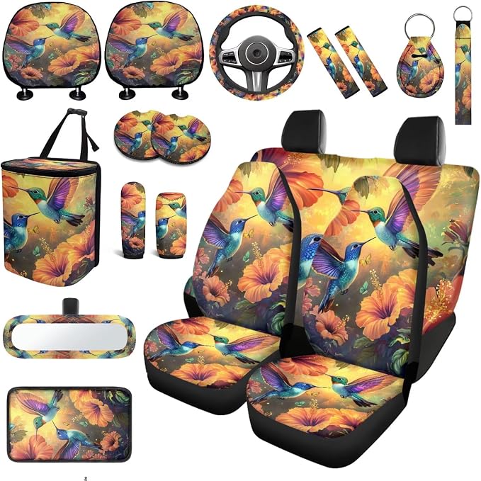 Hummingbird Flower Car Seat Covers Full Set 18 Pcs Hummingbird Print Car Accessories Full Set Steering Wheel Cover Universal Fit Car Headrest Covers Car Seat Belt Pads Cover Keychain
