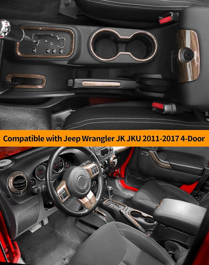 Hoolcar Steering Wheel Cover Gear Shift Panel Trim Cover Water Cup Holder Cover Kit Interior Accessories Kit Fit for Jeep Wrangler JK JKU 2011-2018, 4-Door, Wood Grain