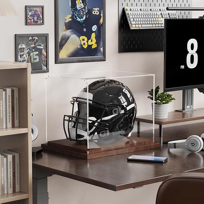 VGMiu Football Helmet Display Case with Wood Base, Clear Acrylic Helmet Display Box Dustproof Displays Case for Helmets, Sports Collectibles, Memorabilia Displays