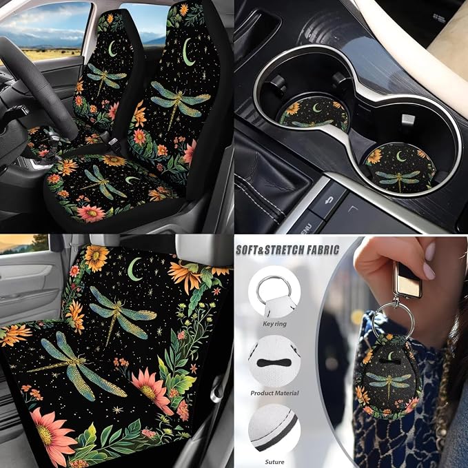 Dragonfly Car Accessories Set 17 Pack Starry Sky Dragonfly Car Seat Covers Full Set with Car Floor Mats All Weather,Cup Coaster,Seat Belt Shoulder Pad,Lip Stick Holder Keychain,Universal Fit