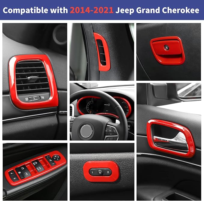 16PCS Full Set Interior Trim Kit Compatible with 2014-2020 Jeep Grand Cherokee,Dashboard Panel Side Outlet Decorative Cover (Red)