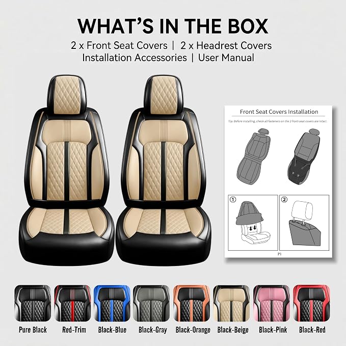 Fit SRX Car Seat Covers for Select Cadillac SRX 2010-2016, Premium Full Coverage Leather, Airbag Compatible & Scratch-Resistant, Waterproof & All Weather Seat Protector, Front Pair Black+Beige