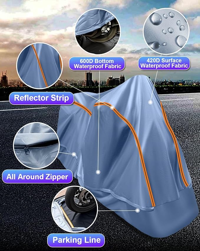 Full Enclosed Large Motorcycle Cover Waterproof Outdoor/Indoor Storage Waterproof Motorcycle Cover Heavy Duty with Reflective Strips Fits Motorcycles Length up to 118" with Side+Top Box