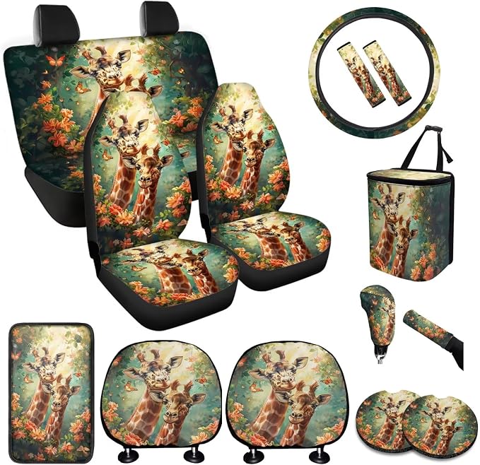 BIGCARJOB Animal Giraffe Car Seat Cover Set for Front and Rear,15 Pcs Funny Car Seat Interior Accessories Full Set with Seat Belt Pads,Car Seat Head Rest Protective Cover,Auto Garbage Bag