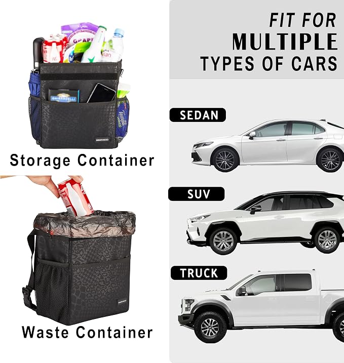 SIBOFUEGO Car Storage Combo β 70L Trunk Organizer & Leak-Proof Trash Can (Black Leopard)