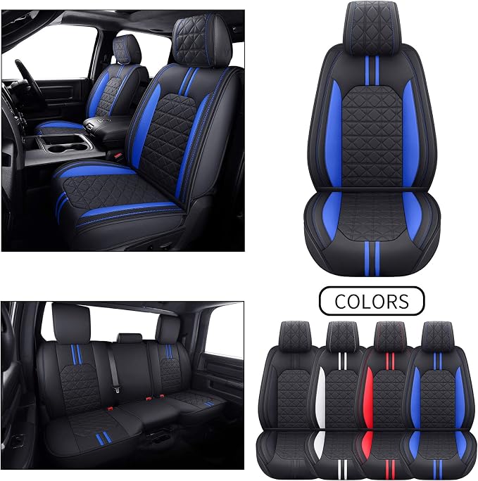 YIERTAI for Dodge RAM Seat Covers fit 2009-2025 2026 1500HD 2010-2025 2026 2500/3500HD Crew Double Quad Rebel Cab Laramie Big Long Horn Rebel Tradesman Leather Seat Covers(5 PCS Full Set/Black-Blue)