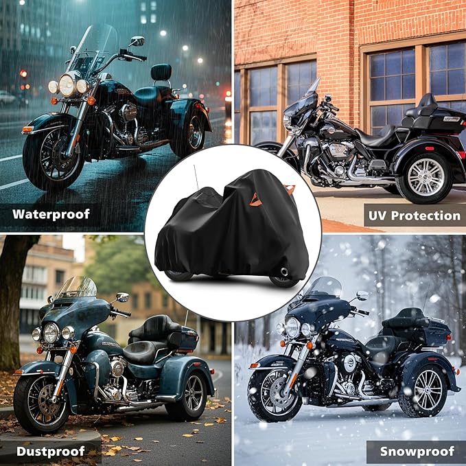 Trike Cover for Harley-Davidson Honda Gold Wing Kawasaki 3 Wheeler Motorcycle Outdoor Waterproof Storage Cover with Antenna Opening Windproof Buckle (Black)