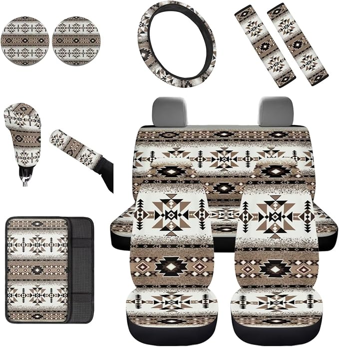 Dreaweet Tribal Car Seat Covers Full Set Geometric Pattern Car Decor Universal Car Seat Covers with Steering Wheel Cover/Armrest Cover/Seat Belt Pads/Coasters/Gear Shift & Handbrake Cover,12 Pcs Set