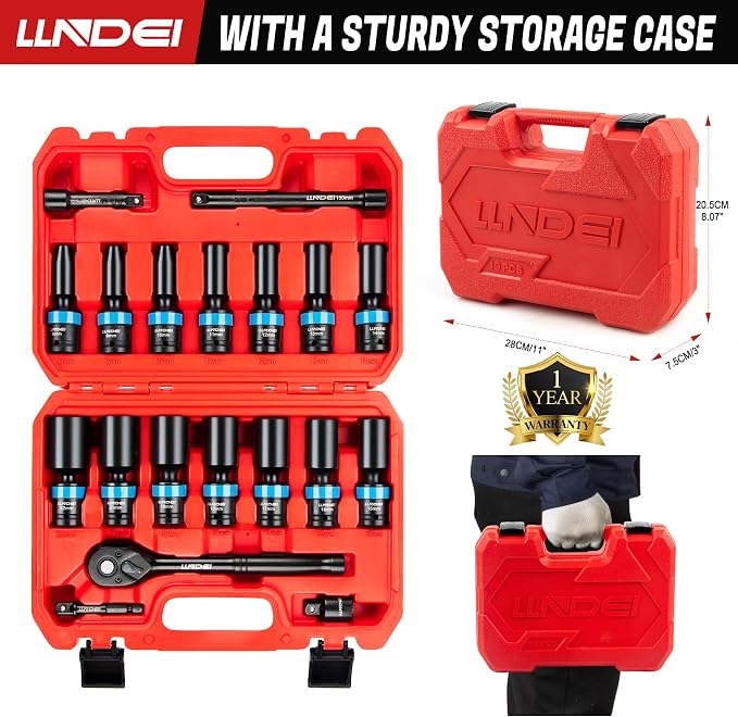 LLNDEI 3/8" Drive Swivel Socket Set, 19PCS Deep Universal Impact Socket Set, Metric(8mm-22mm) Premiun Wobble Socket Set, CR-MO Steel,3"& 6" Extension Bar