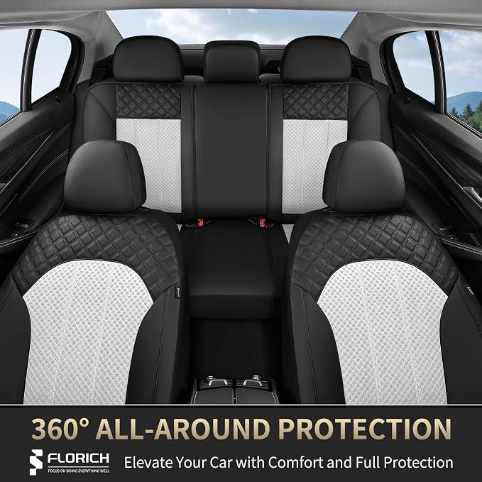 FLORICH Car Seat Cover Front Seats Breathable Mesh Leather Front Seat Covers 2 Pack Auto Seat Cover Airbag Compatible Driver Seat Cushion Protector Universal Fit for Most Car SUV Truck, Black&White