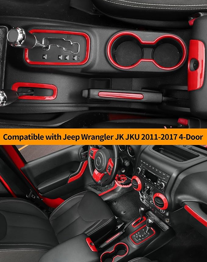 Hoolcar Steering Wheel Cover Gear Shift Panel Trim Cover Water Cup Holder Cover Kit Interior Accessories Kit Fit for Jeep Wrangler JK JKU 2011-2018, 4-Door, Red