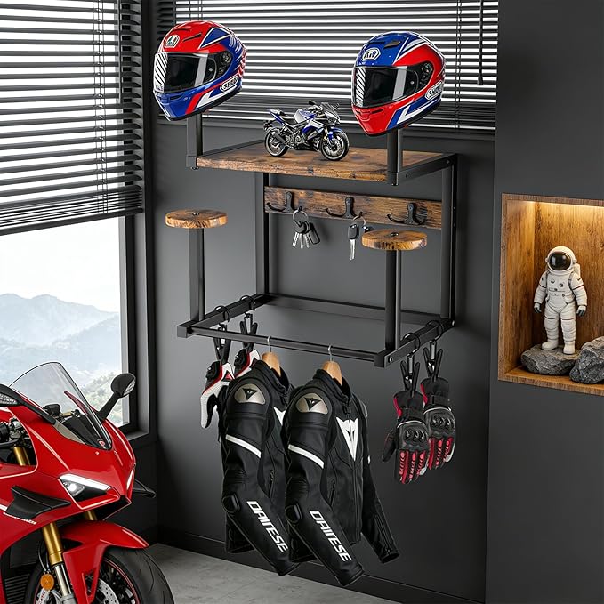 Motorcycle Helmet Hanger Wall Mount, Tiered Wooden Organizer with Metal Frame, 4 Helmet Holders, 5 Glove Clips & 3 Hooks for Accessories Storage